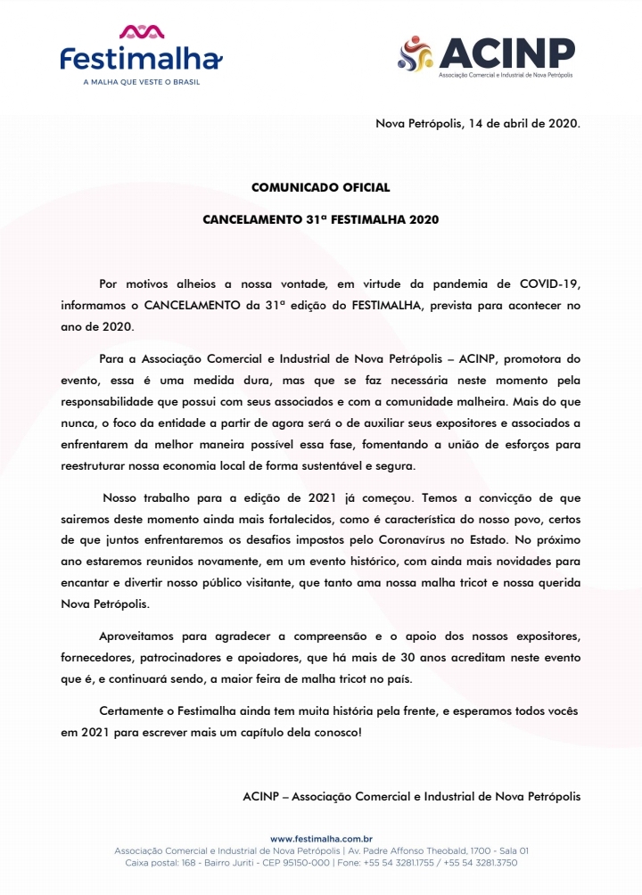 Comunicado oficial cancelamento 31 festimalha 2020